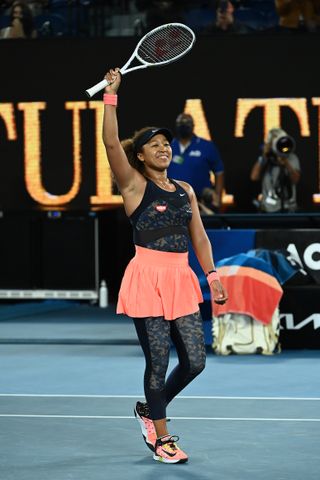 Naomi Osaka of Japan celebrates winning championship point in her Women’s Singles Final match against Jennifer Brady of the United States during day 13 of the 2021 Australian Open at Melbourne Park on February 20, 2021 in Melbourne, Australia.