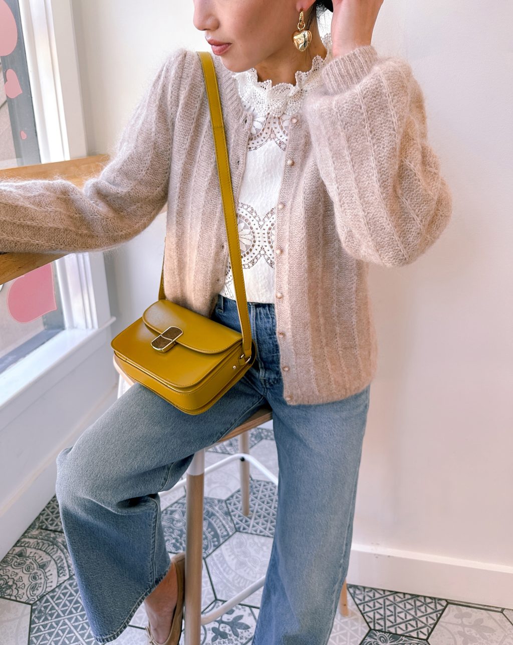 sezane amance cardigan mini milo bag cumin yellow