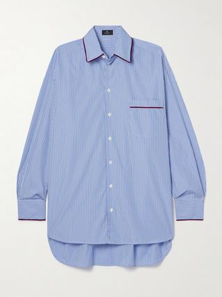 Oversized Velvet-Trimmed Striped Cotton-Poplin Shirt