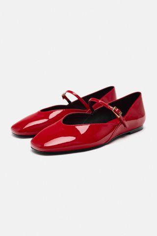 Faux Patent Ballet Flats With Ankle Strap