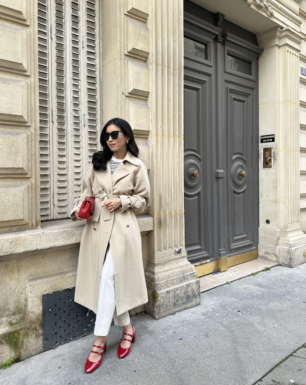 oak fort trench coat red mary janes petite paris outfit