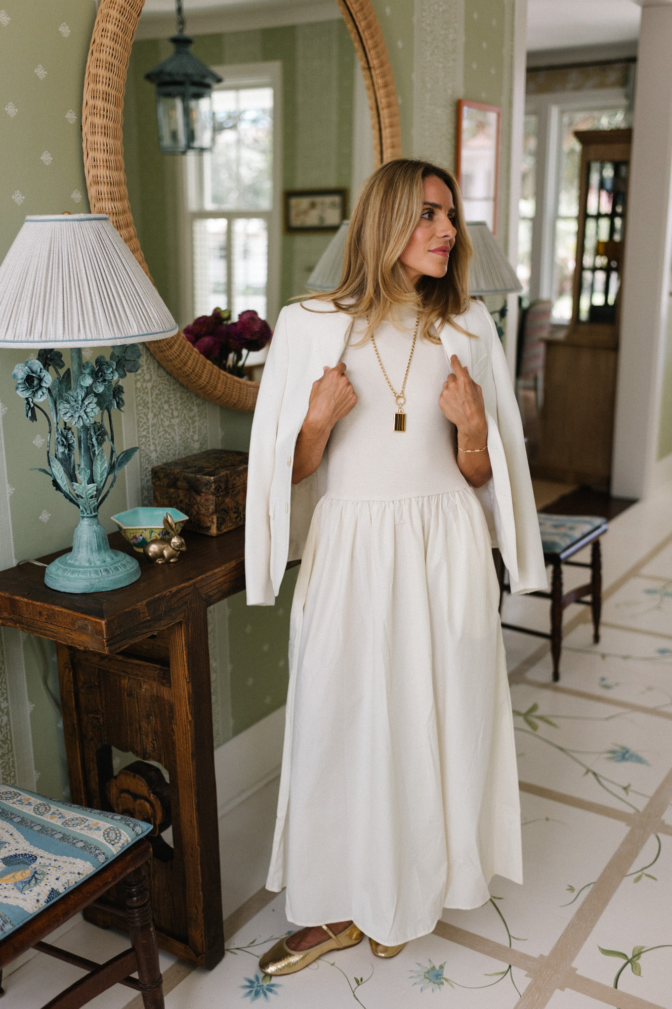 white maxi dress white blazer