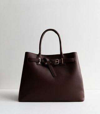 Dark Brown Leather-Look Buckle Tote Bag