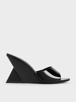 Patent Triangle-Heel Wedge Mules