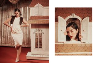 Two side-by-side photos of Gracie Abrams wearing an ivory Prada F/W 24 dress with brown fur and matching point-toe shoes with a doll house for Who What Wear's fall issue cover story.