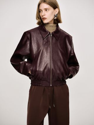 (pre-Order) Ennio Faux-Leather Bomber Jacket, Mahogany