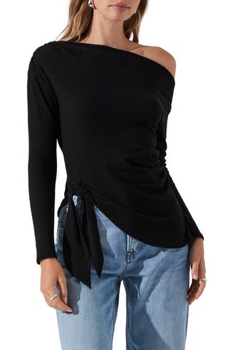 One-Shoulder Tie Hem Knit Top