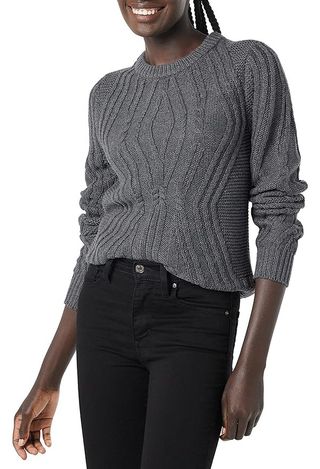 Amazon Essentials Women's 100% Cotton Crewneck Cable Sweater, Charcoal Heather, X-Small