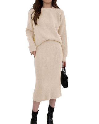 Chouyatou Women's Two Piece Sweater Skirt Sets Knit Sweater Top Bodycon Skirt 2 Piece Outfits (medium, Beige)