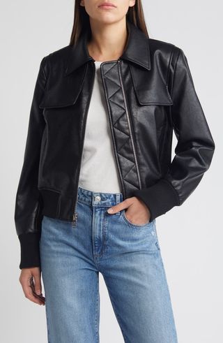 Flap Pocket Faux Leather Bomber Jacket