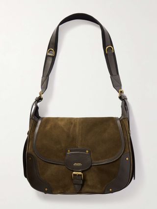 Olive Green Leather-Trimmed Suede Shoulder Bag