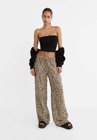 Flowing Linen Blend Leopard Print Trousers