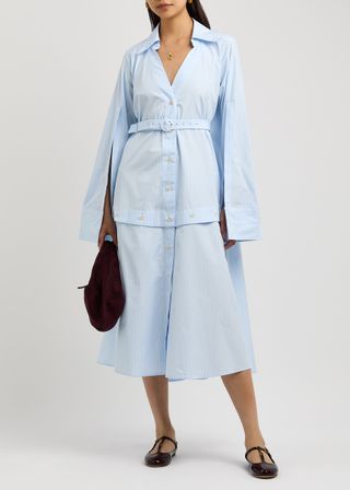 Spliced Striped Belted Cotton-Poplin Shirt Dress