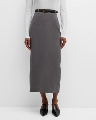 Belted Straight Twill Midi Skirt