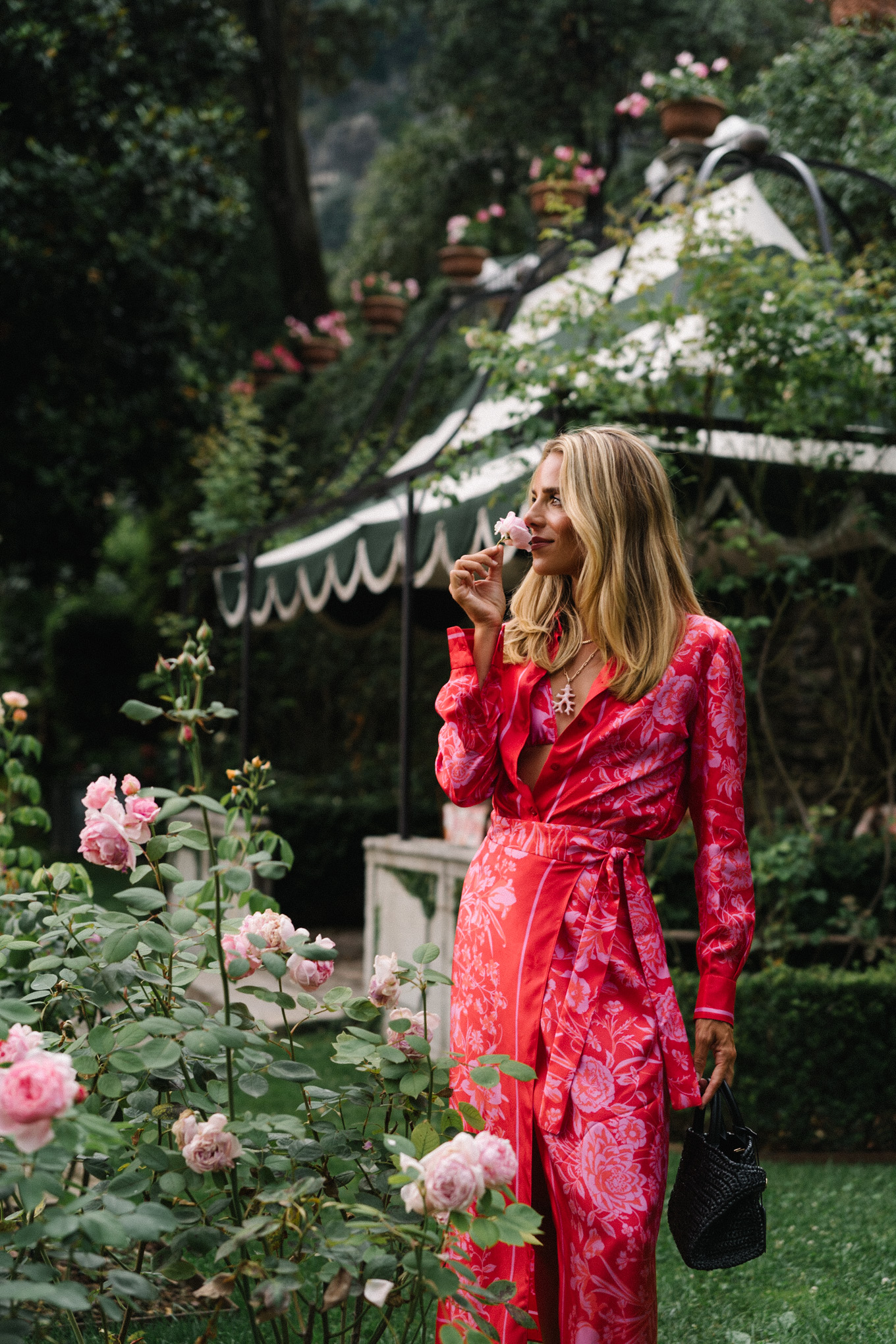 pink silk floral blouse and skirt