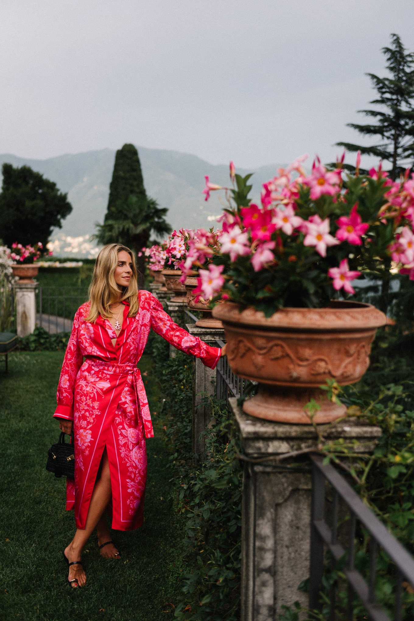 pink silk floral blouse and skirt