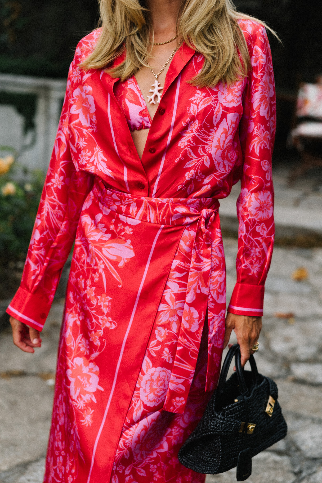 pink silk floral blouse and skirt