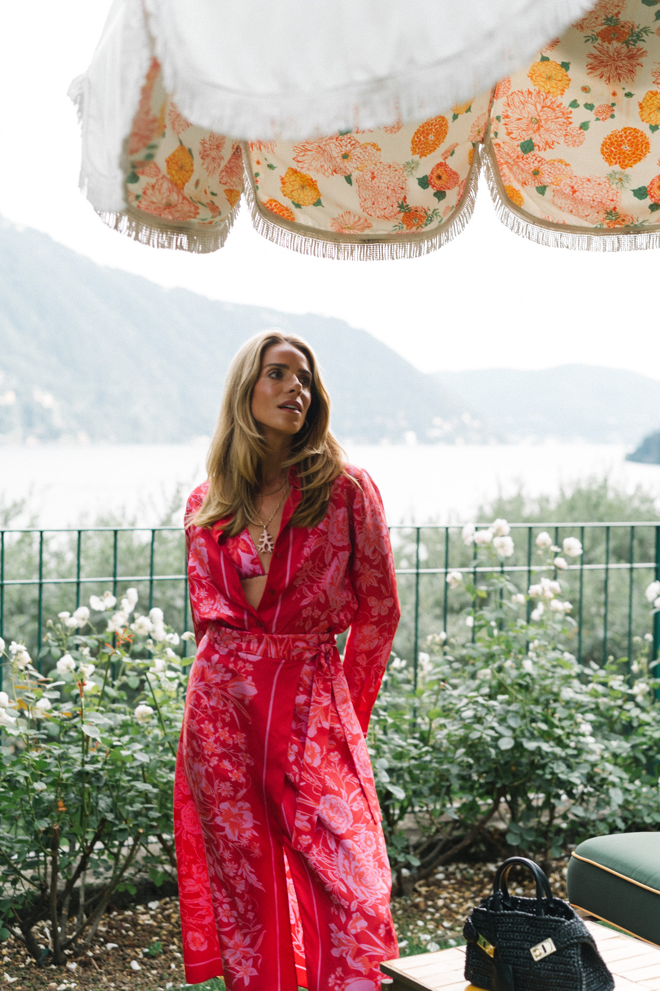 pink silk floral blouse and skirt