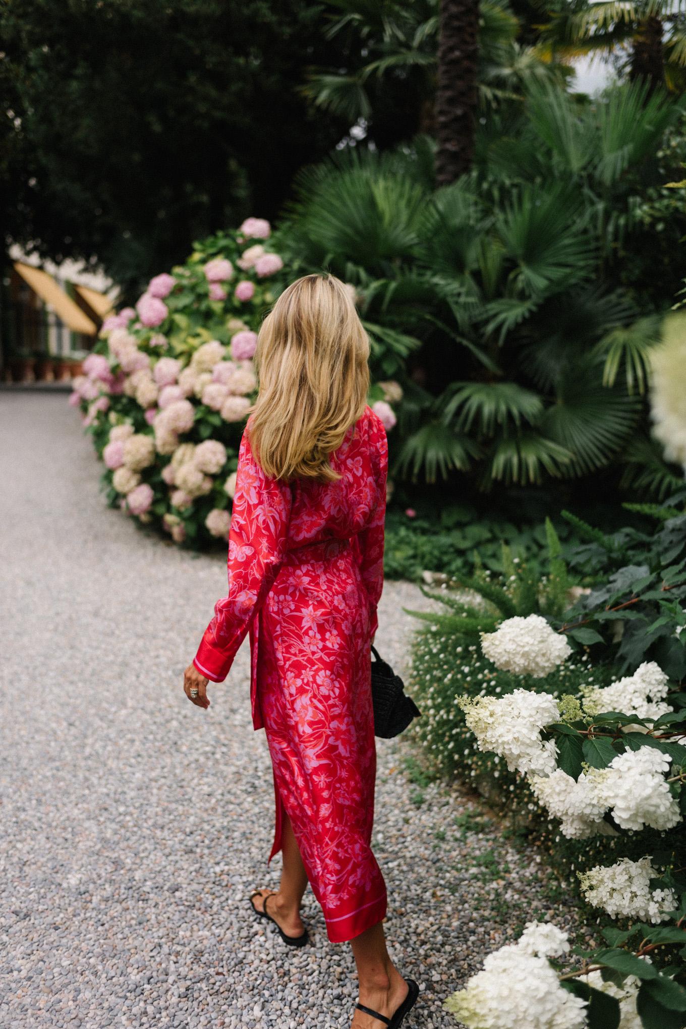 pink silk floral blouse and skirt