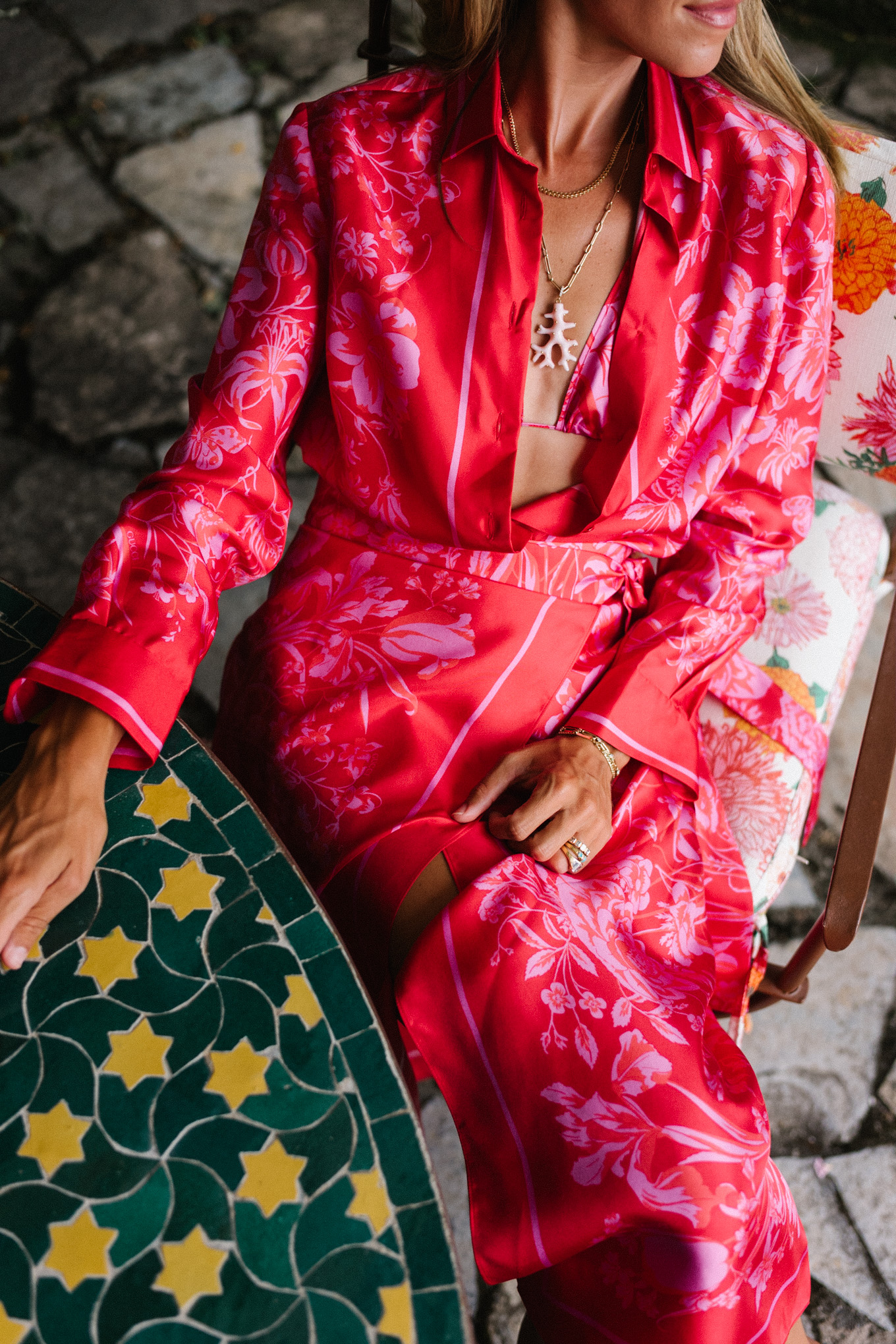 pink silk floral blouse and skirt