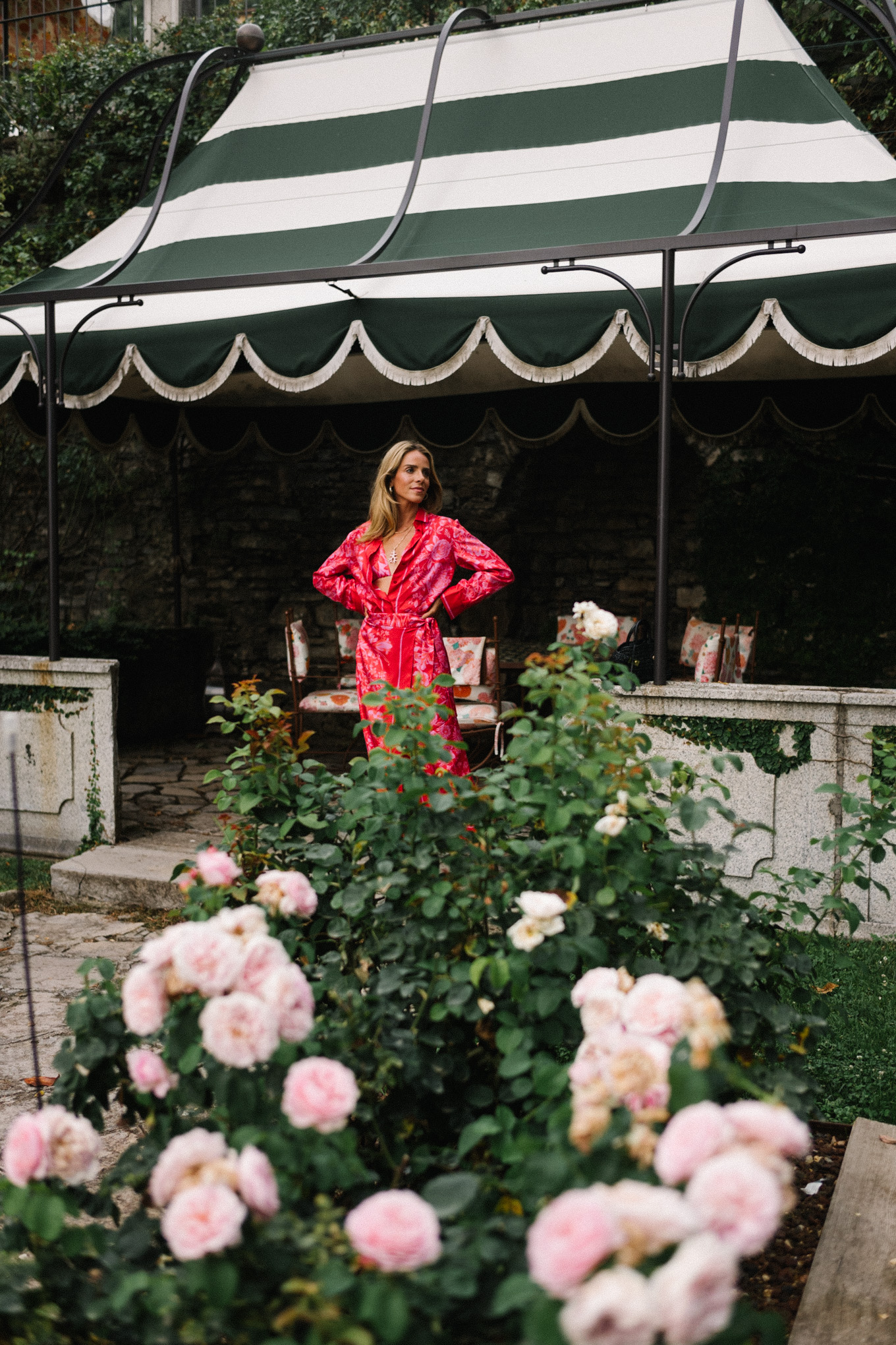 pink silk floral blouse and skirt