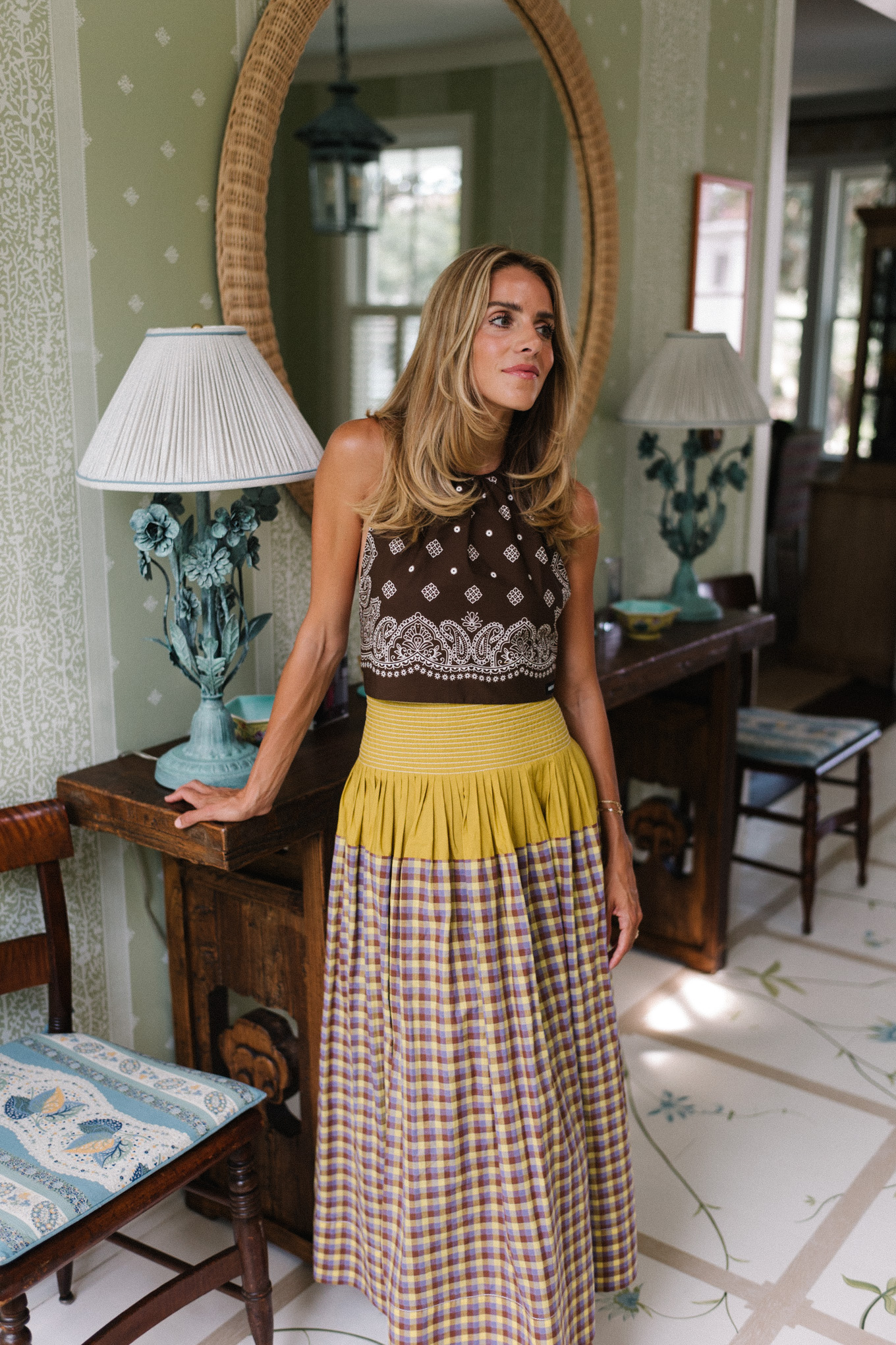 brown bandana scarf top brown white yellow gingham maxi skirt