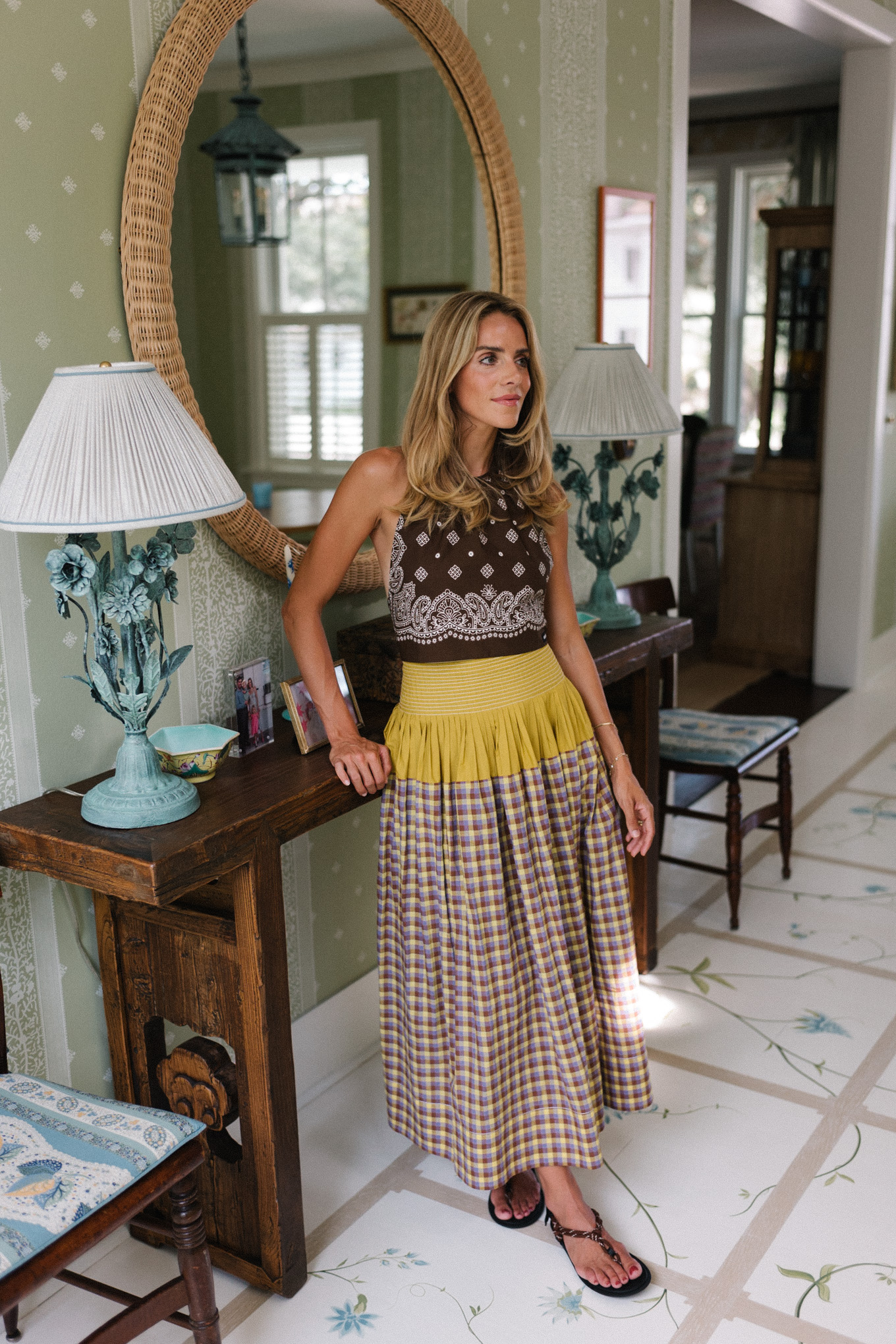 brown bandana scarf top brown white yellow gingham maxi skirt