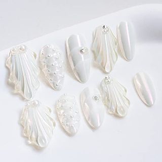 Sun&beam Nails Handmade Press on Nail Medium Short Almond Oval White Pearl Shell Fake Tip 3d Design Art Charms Cute With Storage Box 10 Pcs (m, White)