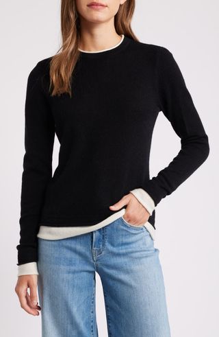 Contrast Trim Wool & Cashmere Crewneck Sweater