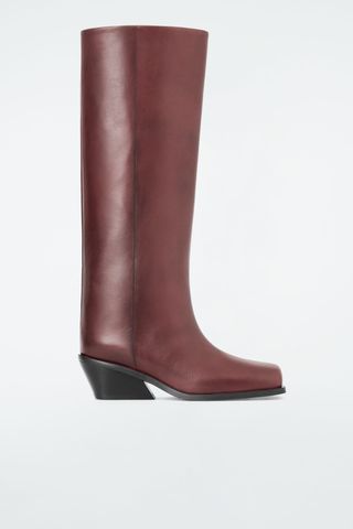 Square-Toe Leather Knee-High Boots