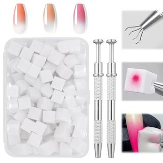 Guegine 100pcs Nail Sponges for Ombre,nail Ombre Brush Nail Sponge,gradient Color Nail Sponge Nail Art Sponge Set With 2 Metal Grabber Nail Brushes Storage and Box for Nail Art Design Manicure Diy