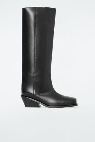 Square-Toe Leather Knee-High Boots