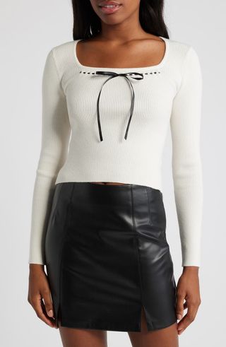 Tie Neck Rib Sweater