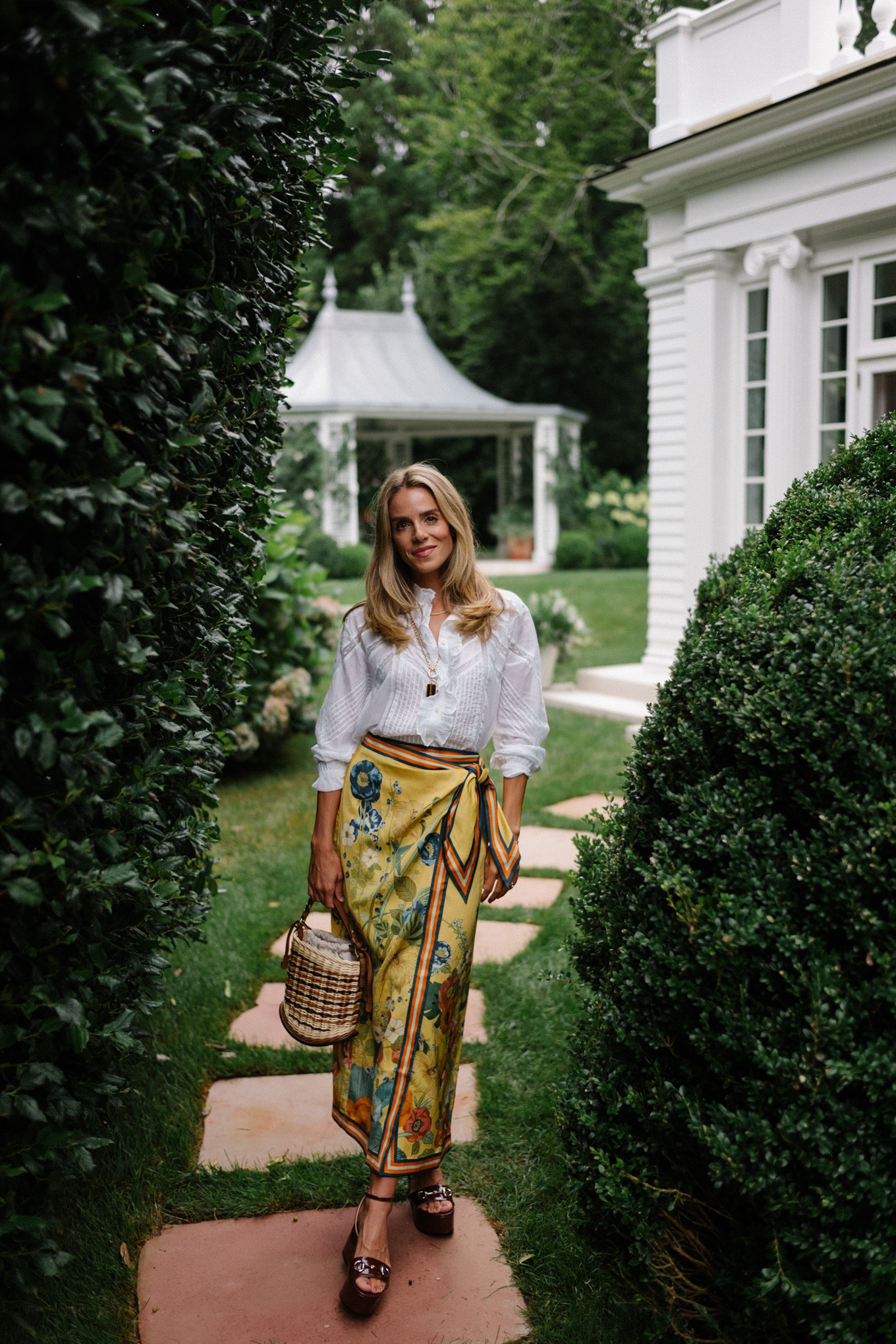 white ruffle blouse silk wrap skirt