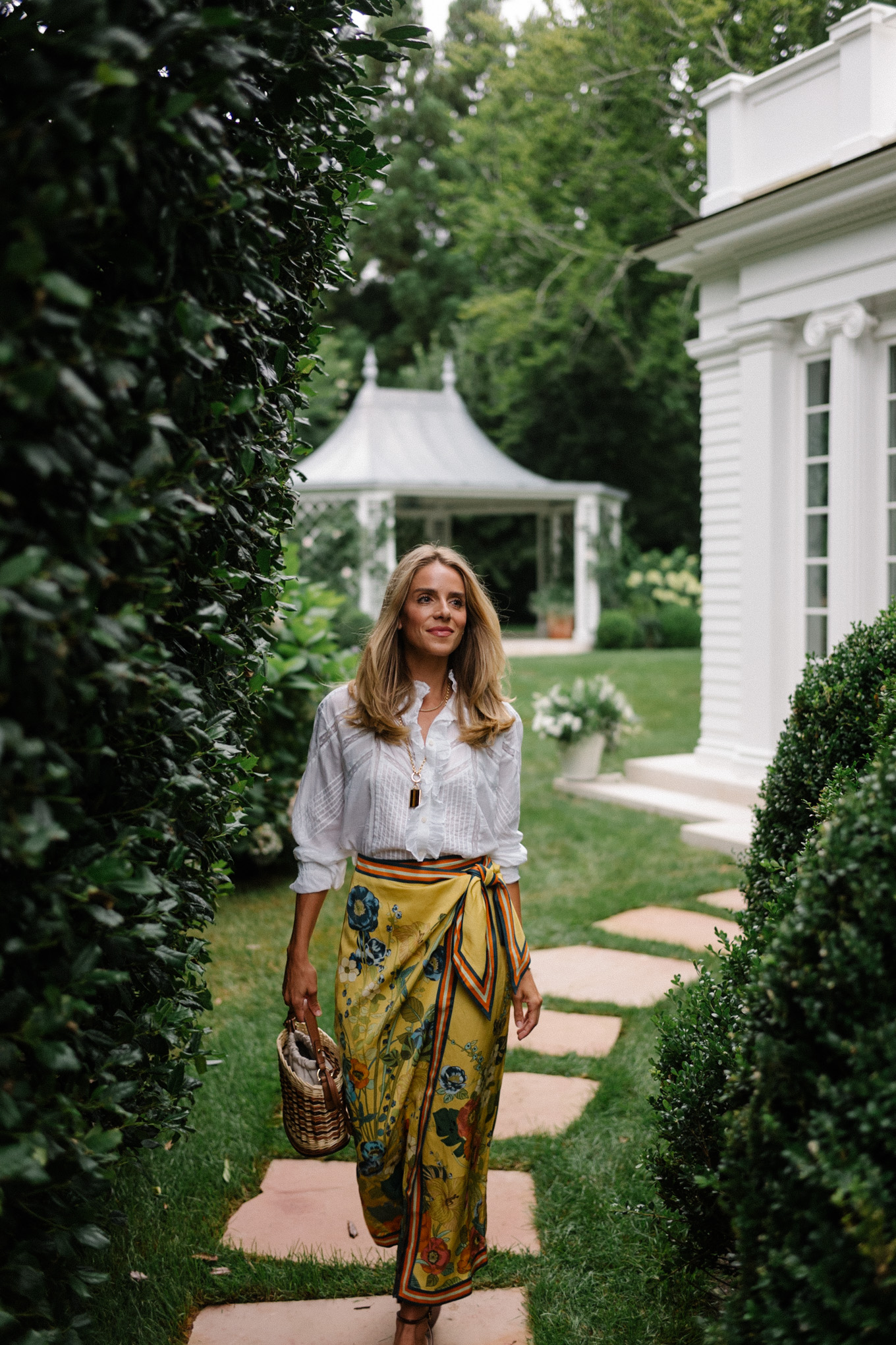 white ruffle blouse silk wrap skirt