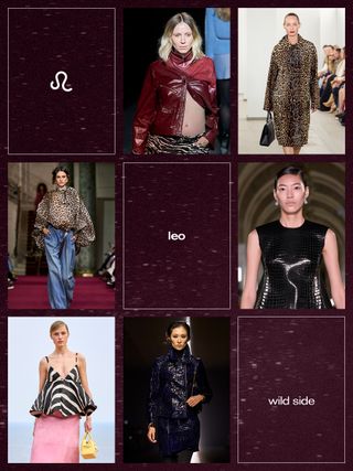 a collage showing the best fall trend for the zodiac sign Leo with the animal print trend shown on the runway of Baum und Pferdgarten, Michael Kors; Tory Burch, Tom Ford, Jacquemus and Zimmermann