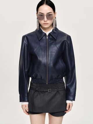 (pre-Order) Ennio Faux-Leather Bomber Jacket, Navy