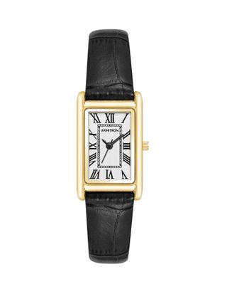 a rectangular watch with a black leather strap and gold hardware