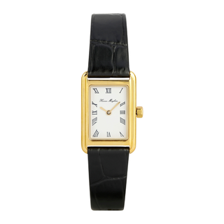 a watch with a black leather strap and rectangular face