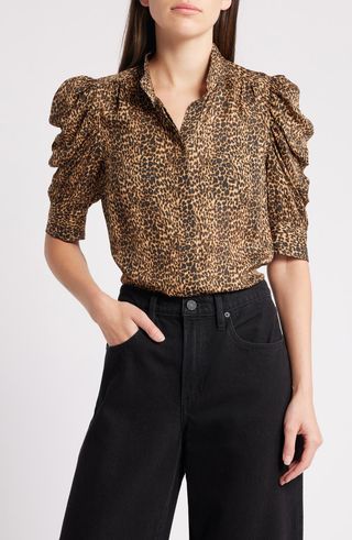 Gillian Leopard Print Puff Sleeve Silk Top