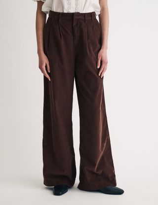 Brown Cord Pleated Wide Leg Trousers