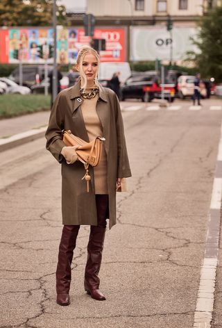 A woman wearing over-the-knee boots during Milan Fashion Week spring/summer 2025.