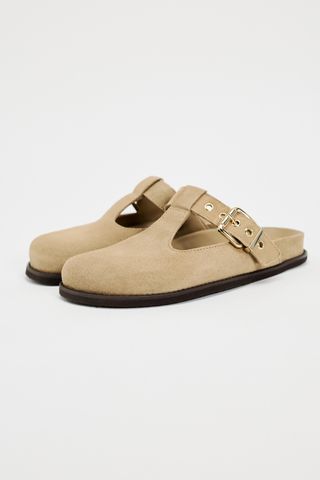 Tan Buckled Suede Clogs