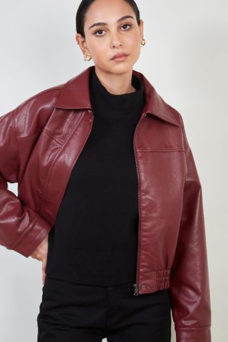 Burgundy Vegan Leather Short Jacket