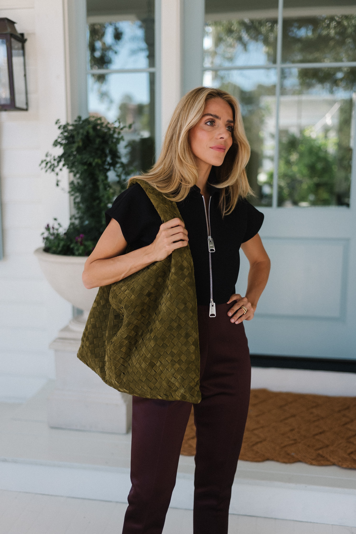 green suede tote black crop top silk fall pants