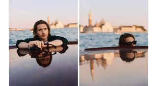 Wolfs actor Austin Abrams arrives at the 2024 Venice Film Festival by boat wearing a black button-down shirt.