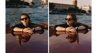 Wolfs actor Austin Abrams arrives at the 2024 Venice Film Festival by boat wearing a black button-down shirt.