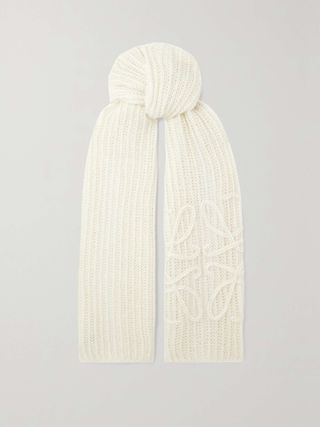 Anagram Embroidered Ribbed Mohair-Blend Scarf