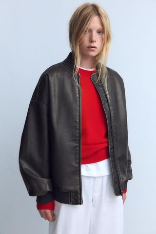 Distressed Faux Leather Oversized Bomber Jacket