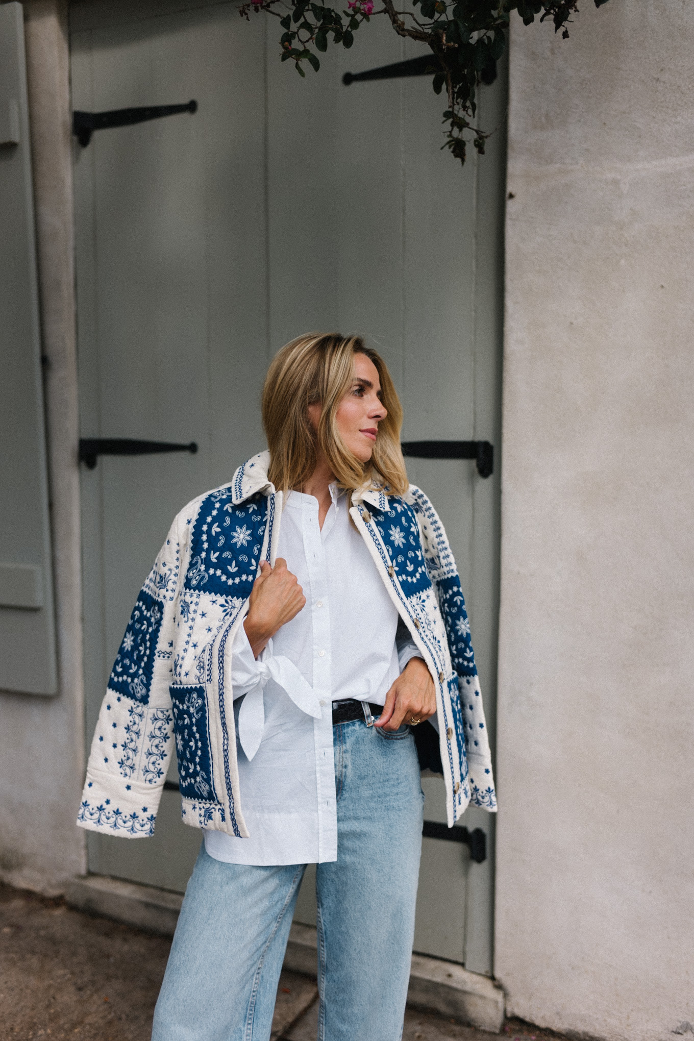 white button down blue denim straw tote